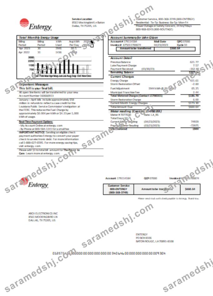 Entergy utility business bill, page 1, SCR